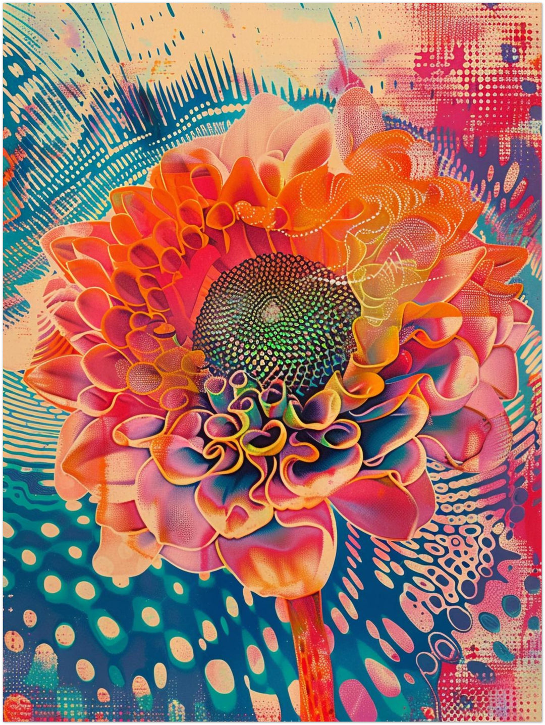 Leuchtende Blume mit Farbwirbeln Psychedelic – Wandkunst
