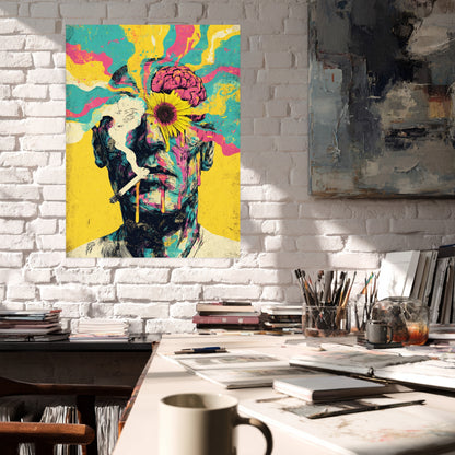 Mann mit Blume im Kopf Poster