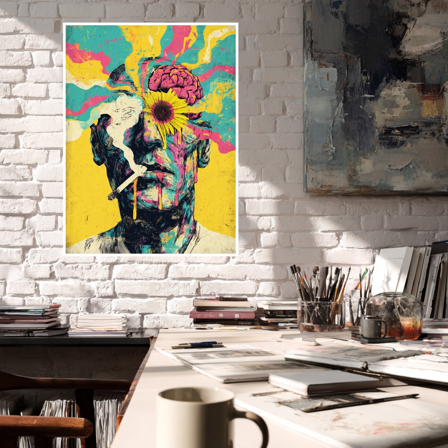 Mann mit Blume im Kopf Poster