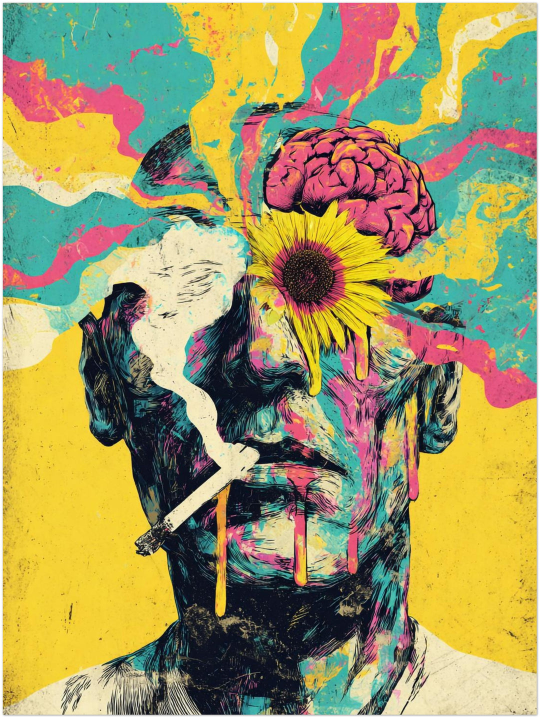 Mann mit Blume im Kopf Psychedelic – Wandkunst