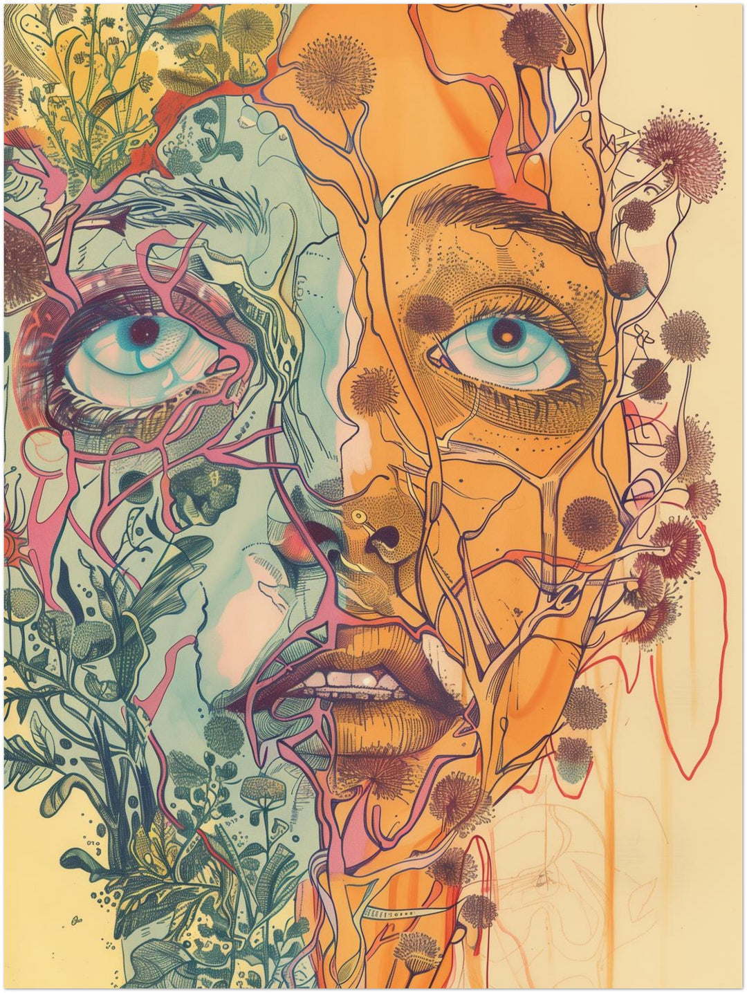 Pflanzenverwobenes Halbgesicht Psychedelic – Wandkunst