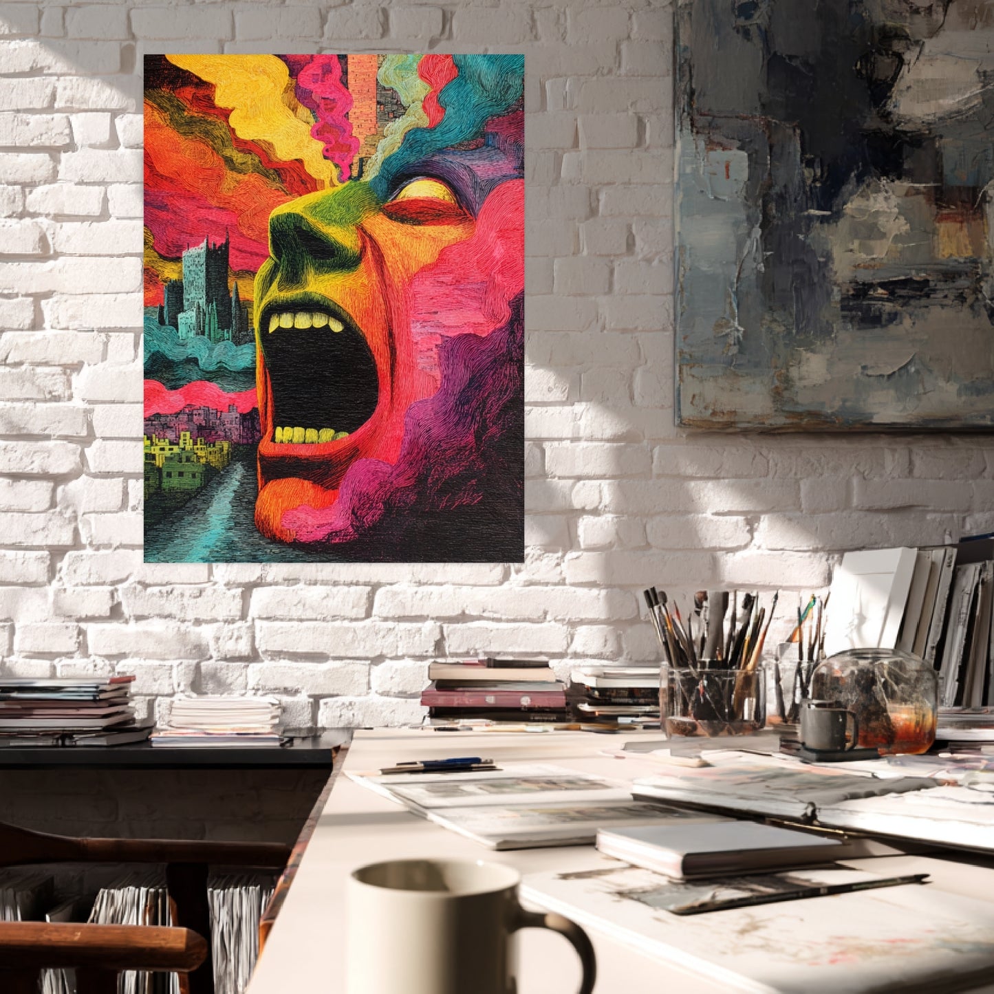 Schreiendes Gesicht mit Farbenrausch Poster