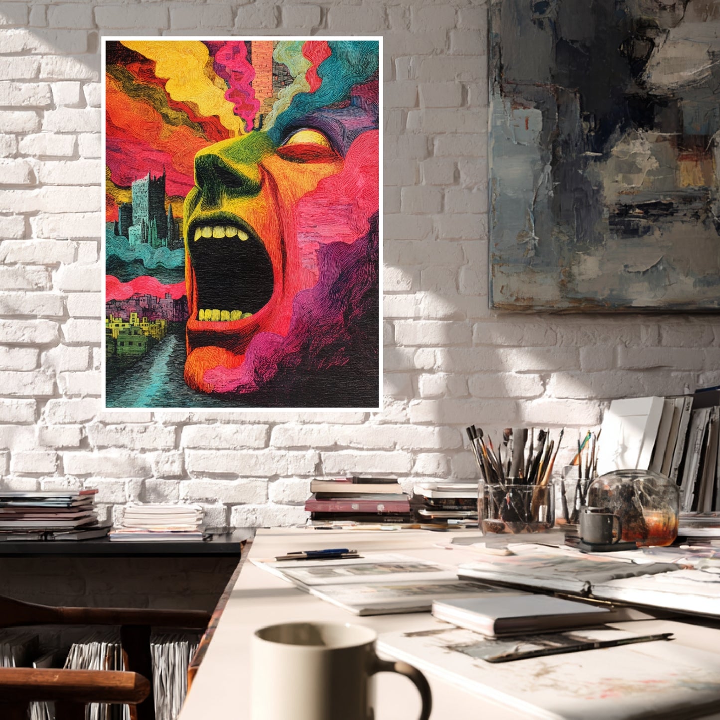 Schreiendes Gesicht mit Farbenrausch Poster