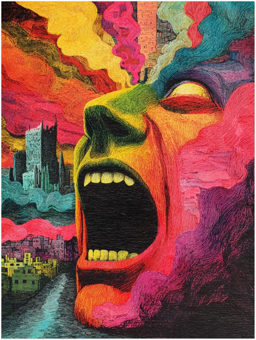 Schreiendes Gesicht mit Farbenrausch Psychedelic – Wandkunst