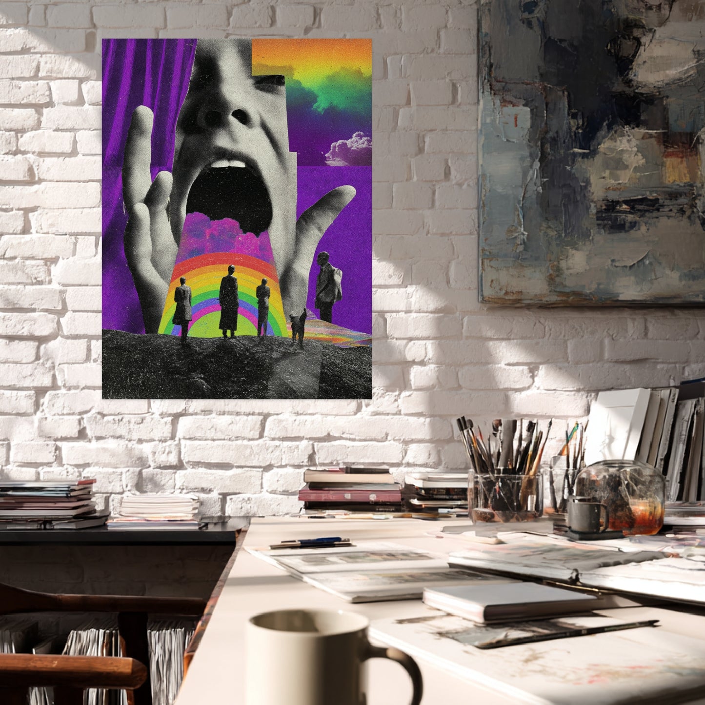 Schreiendes Gesicht mit Regenbogen Poster