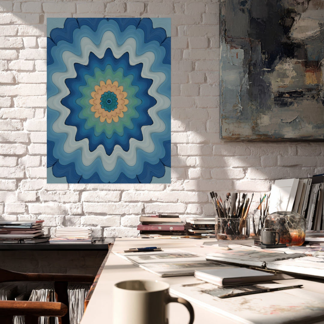 Wellenförmige Mandala Blüte Leinwandbild abstrakt – Leinwand auf Holzrahmen – Ansicht 3