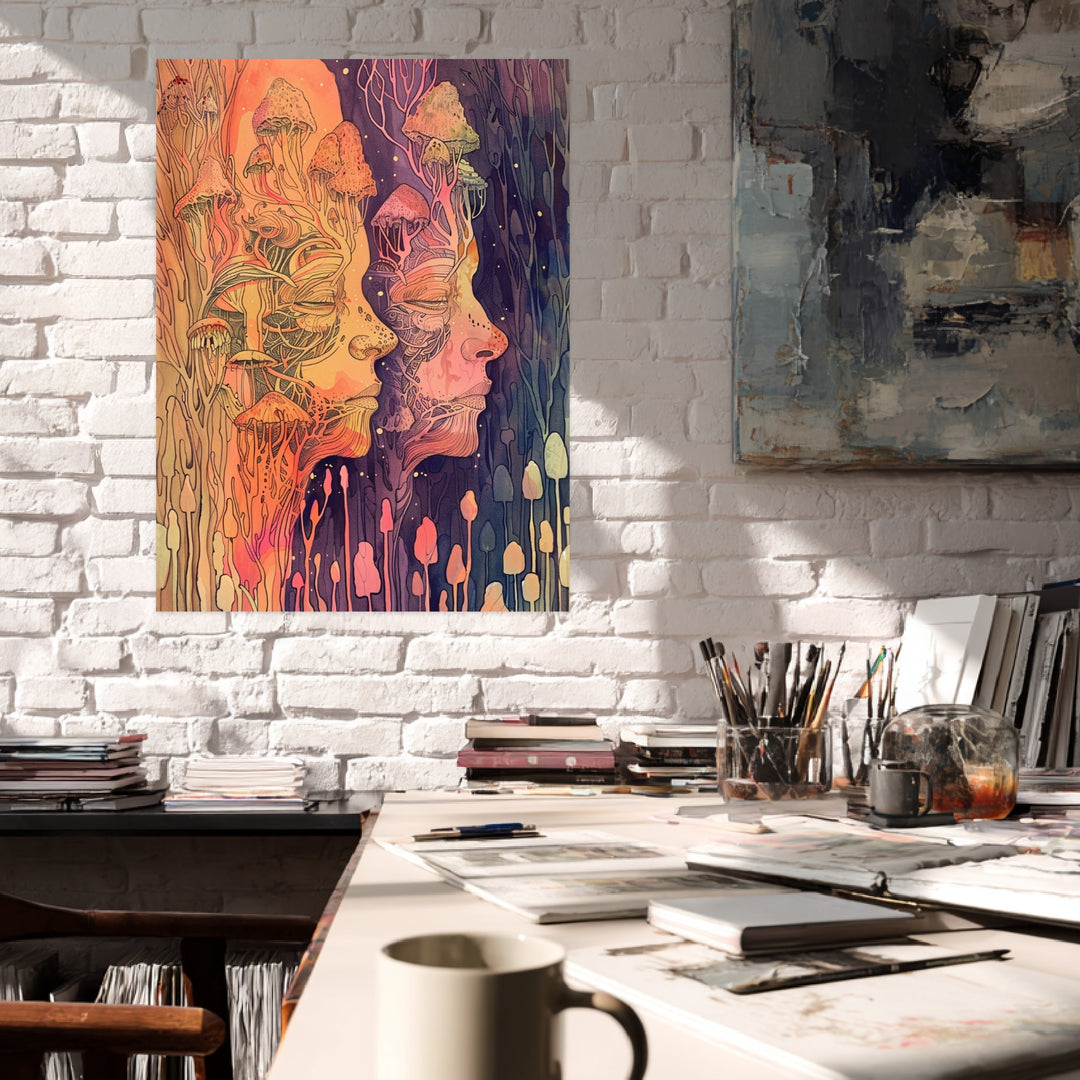 Zwei Gesichter mit Pilzen Leinwandbild Psychedelic – Leinwand auf Holzrahmen – Ansicht 3