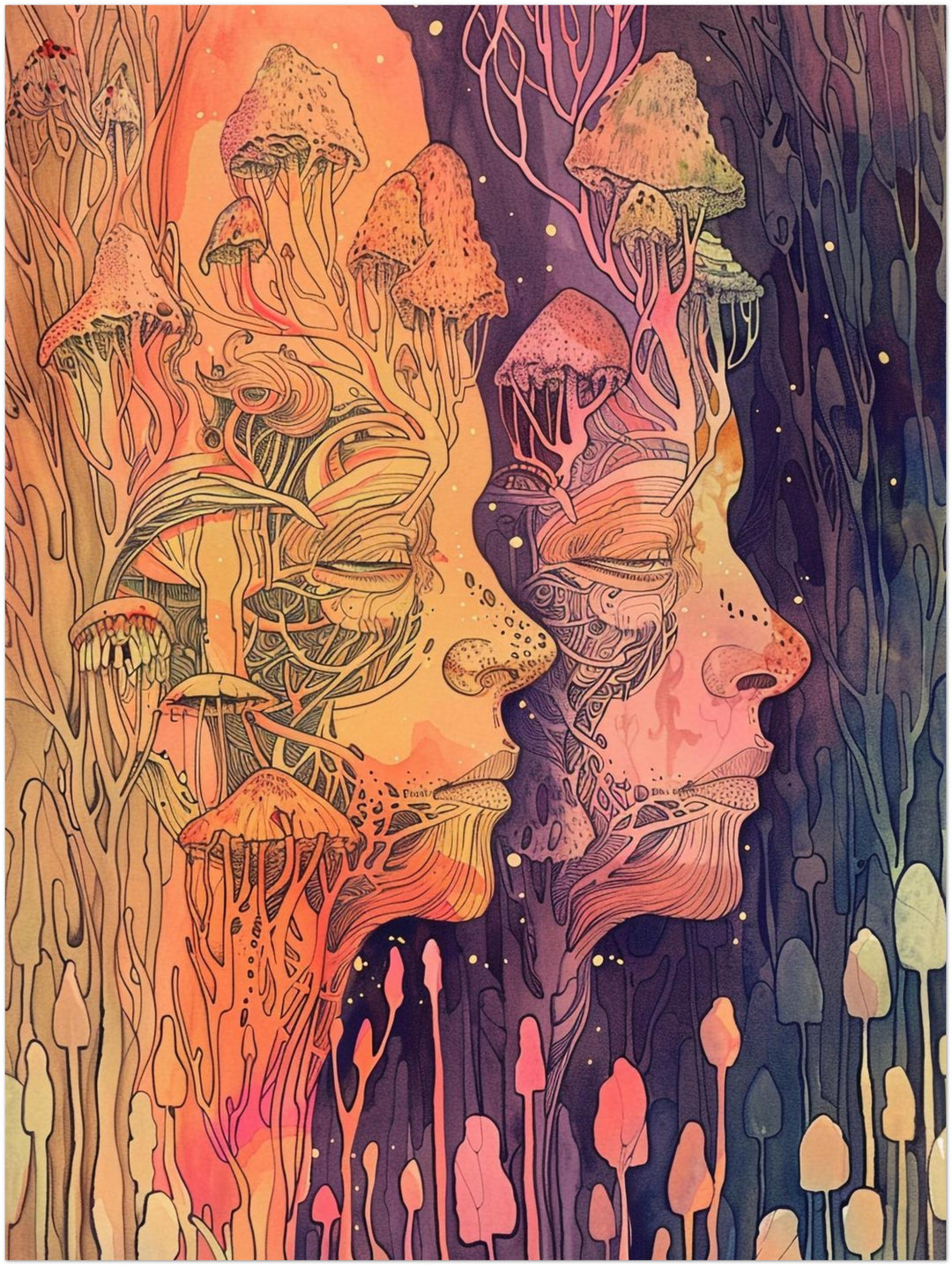 Zwei Gesichter mit Pilzen Psychedelic – Wandkunst