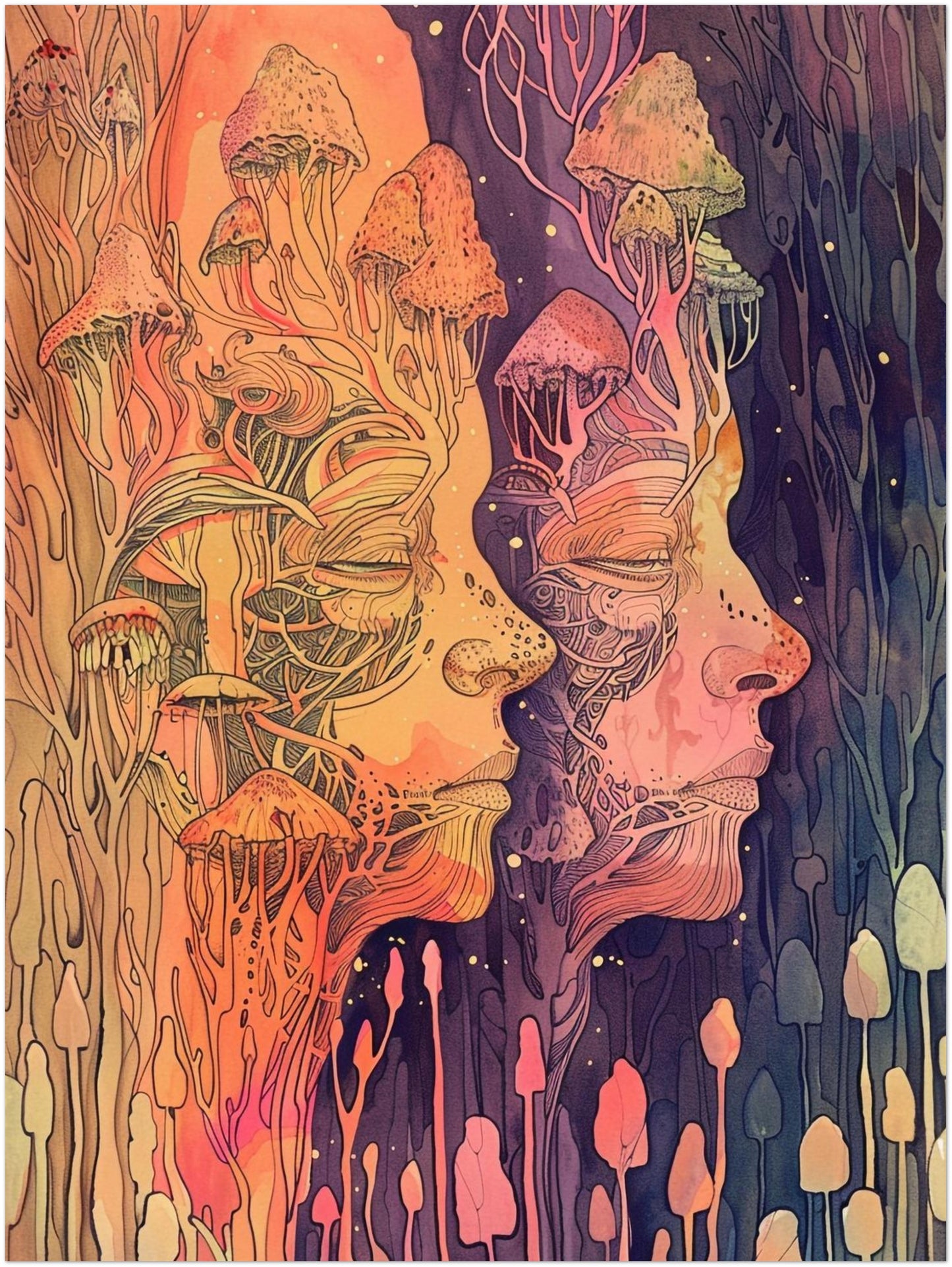 Zwei Gesichter mit Pilzen Poster