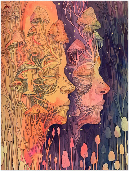 Zwei Gesichter mit Pilzen Poster