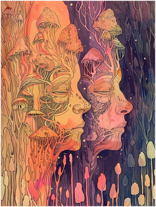 Zwei Gesichter mit Pilzen Poster