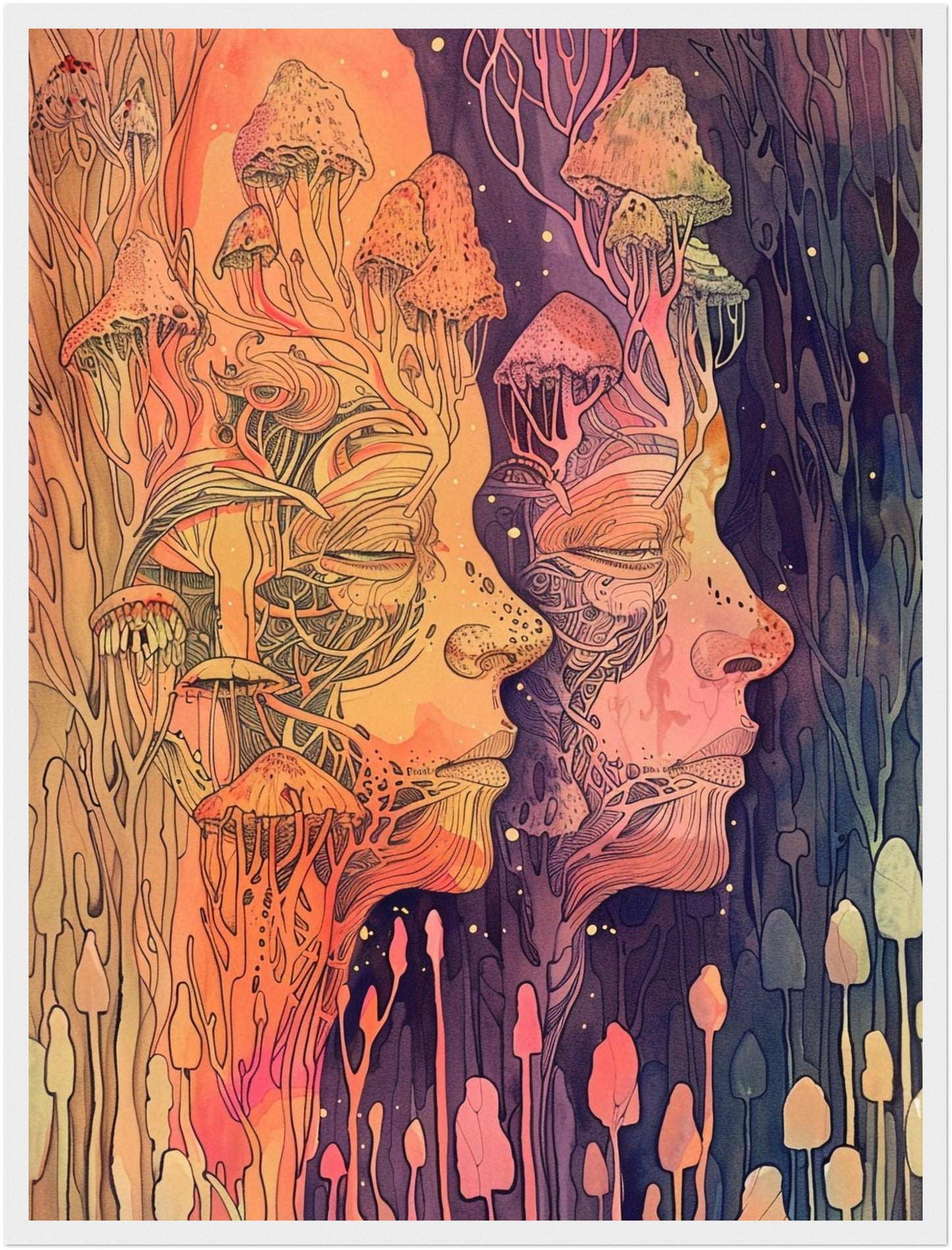 Zwei Gesichter mit Pilzen Poster