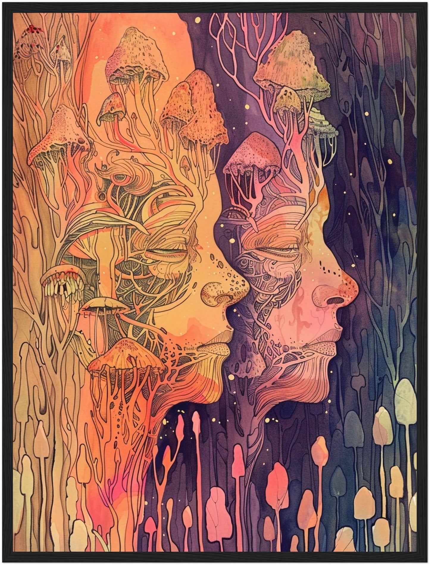 Zwei Gesichter mit Pilzen Poster