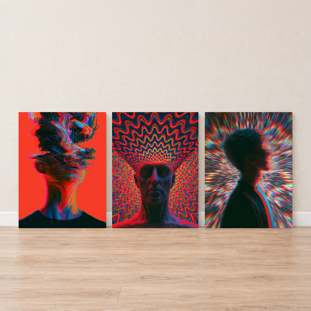 Set-Ansicht: Psychedelic Leinwand Set – Köpfe in Neon (3er)