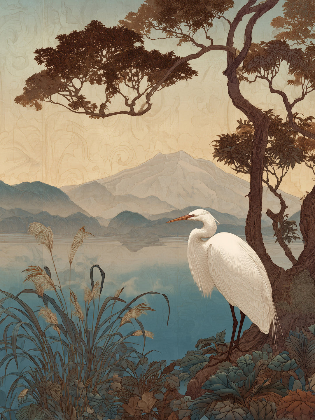 Reiher am See Japandi – Wandkunst