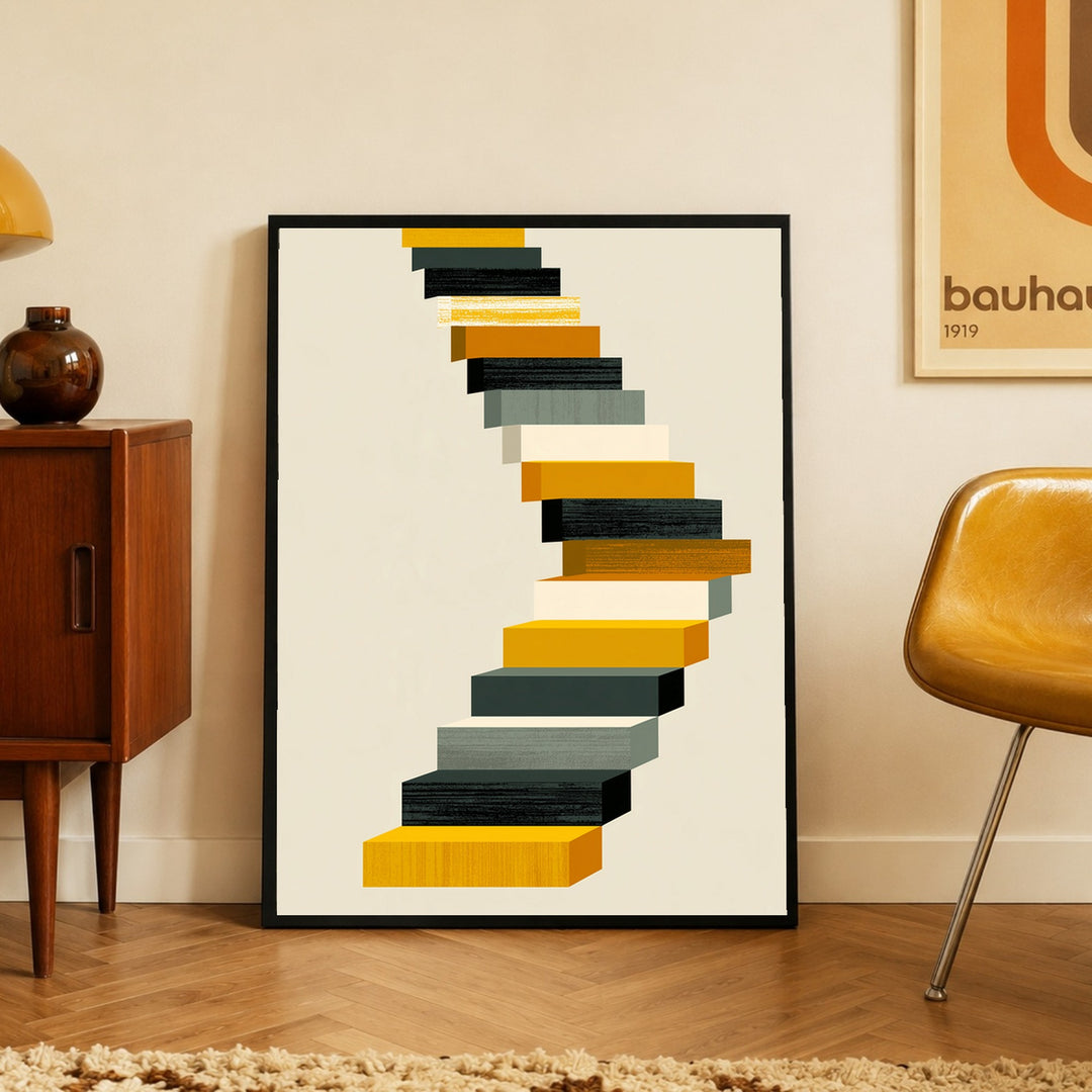Geschwungene Treppe Retro Poster – Schwarzer Rahmen – Produktfoto
