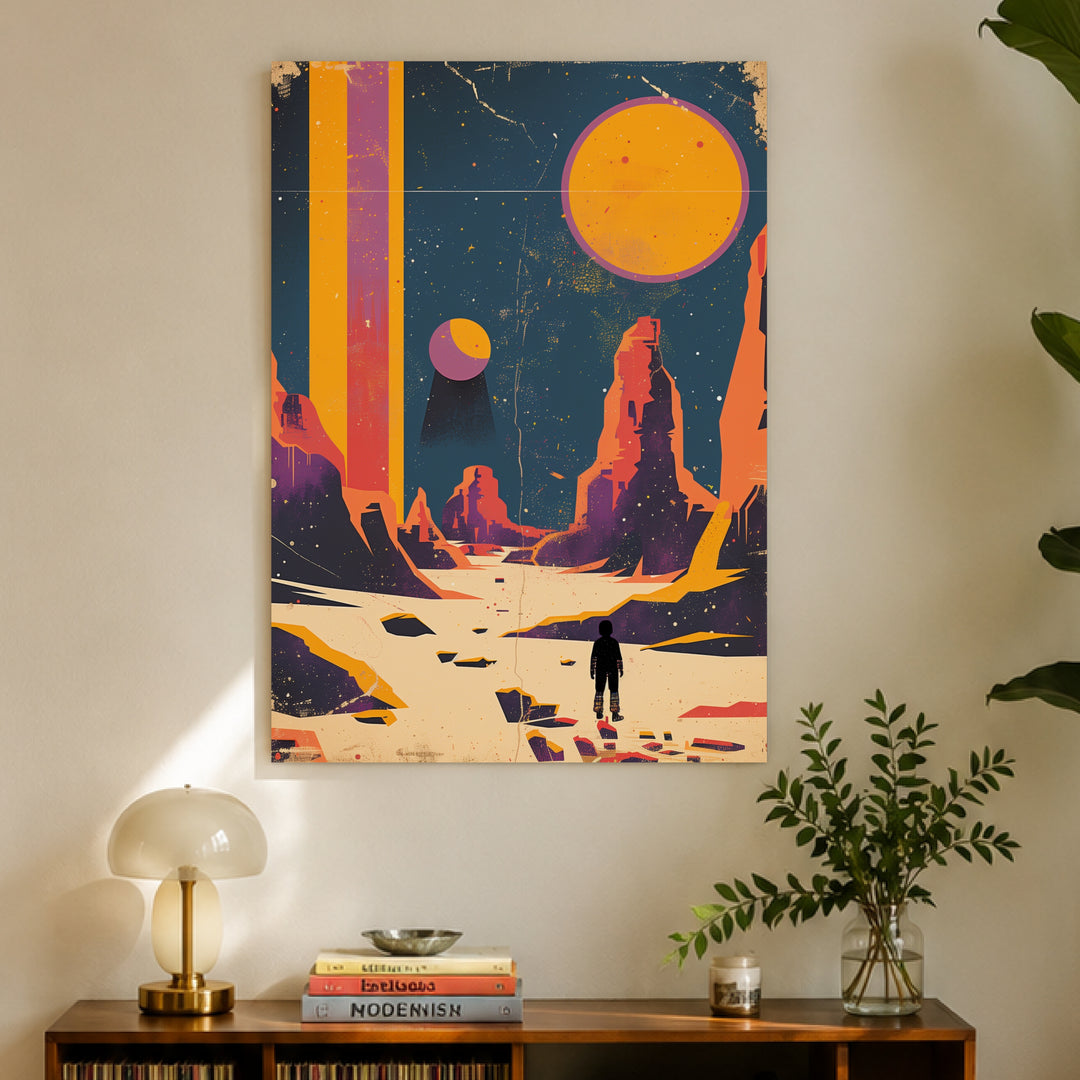 Astronaut auf fremdem Planeten Leinwandbild Retro – Leinwand auf Holzrahmen – Ansicht 4
