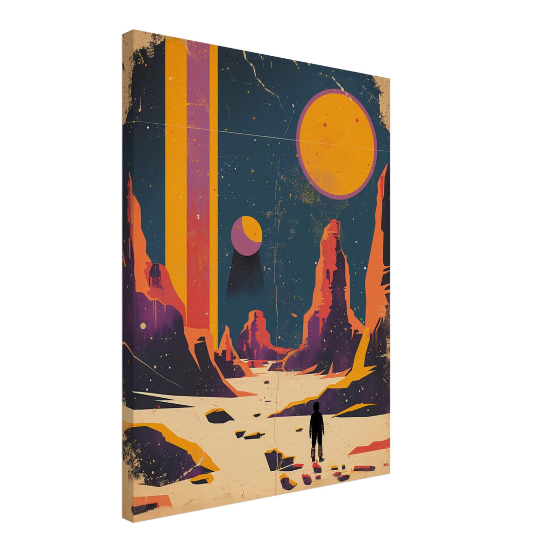 Astronaut auf fremdem Planeten Leinwandbild Retro – Leinwand auf Holzrahmen – Ansicht 3