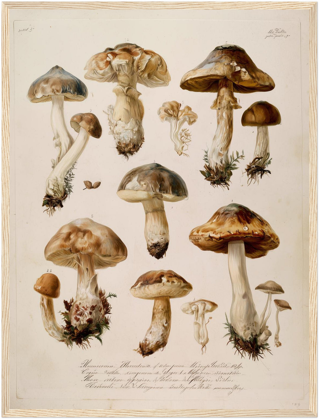 Botanische Pilze Vintage Poster – Holz natur Rahmen – Produktfoto