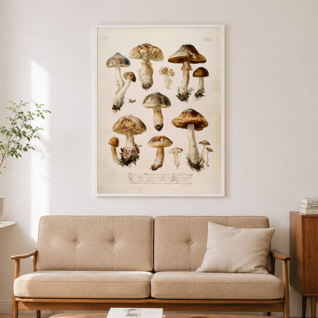 Botanische Pilze Vintage Poster – Weißer Rahmen – Produktfoto