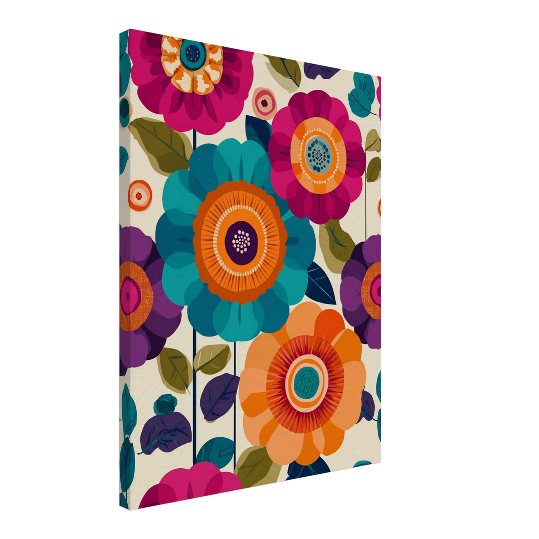 Bunte Blumenblüten Leinwandbild Retro – Leinwand auf Holzrahmen – Ansicht 4