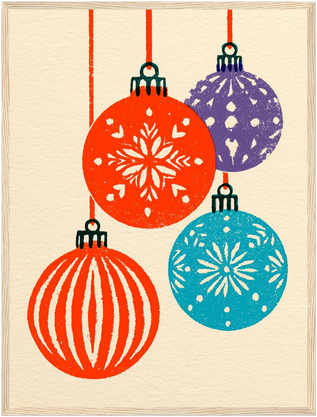 Retro Weihnachtskugeln bunt Poster – Holz natur Rahmen – Produktfoto