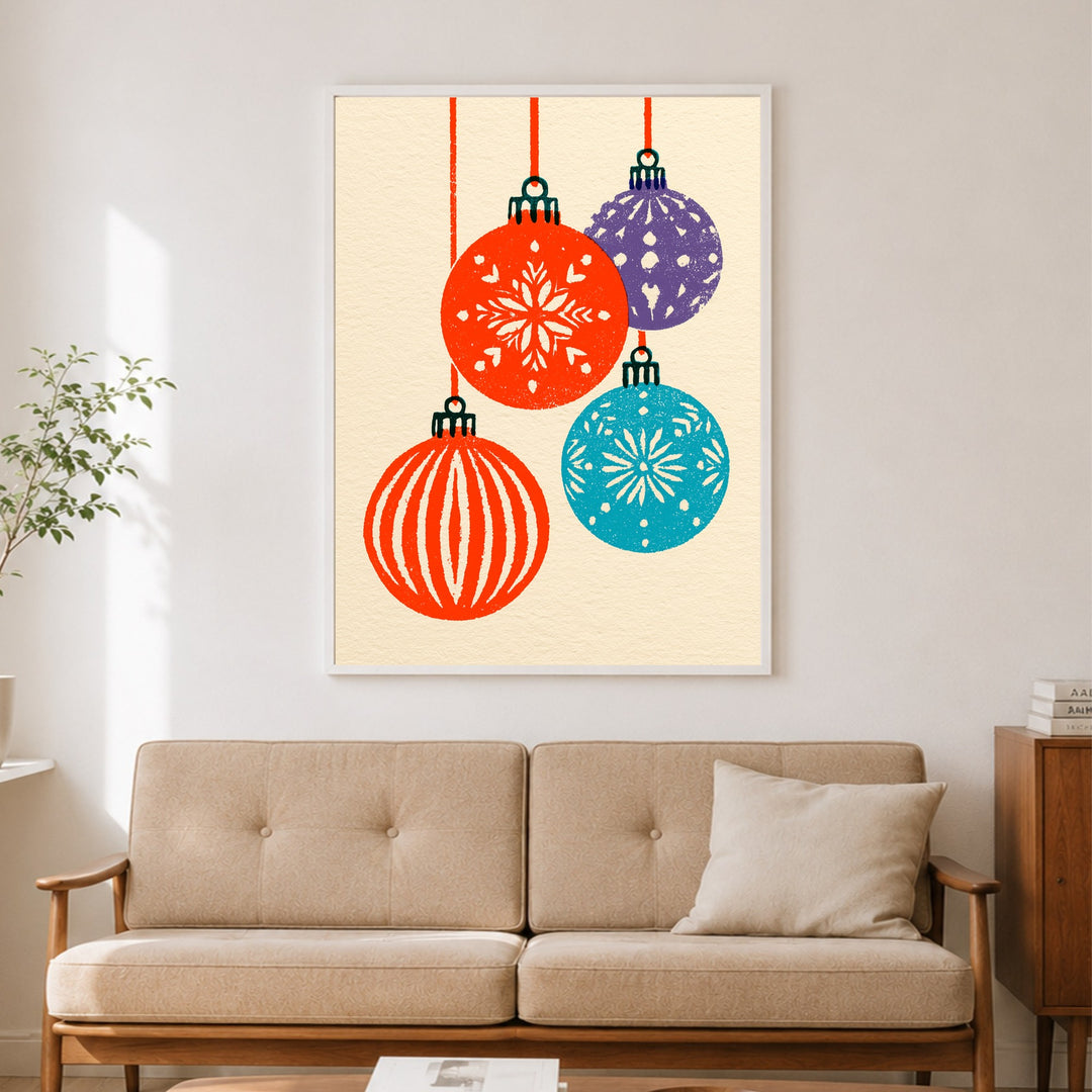 Retro Weihnachtskugeln bunt Poster – Weißer Rahmen – Produktfoto