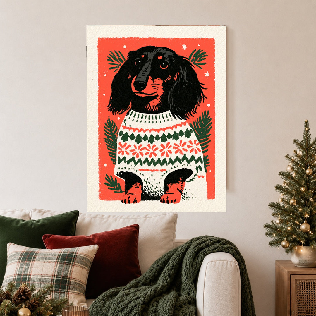 Dackel im Weihnachtspullover Poster – Ohne Rahmen – Produktfoto