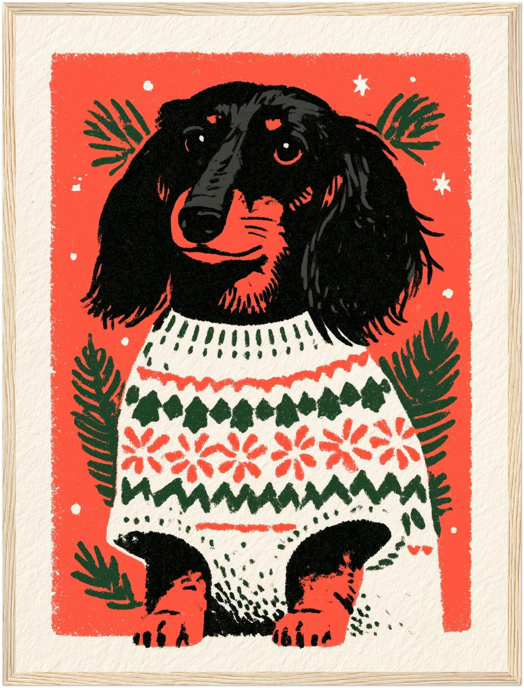 Dackel im Weihnachtspullover Poster – Holz natur Rahmen – Produktfoto