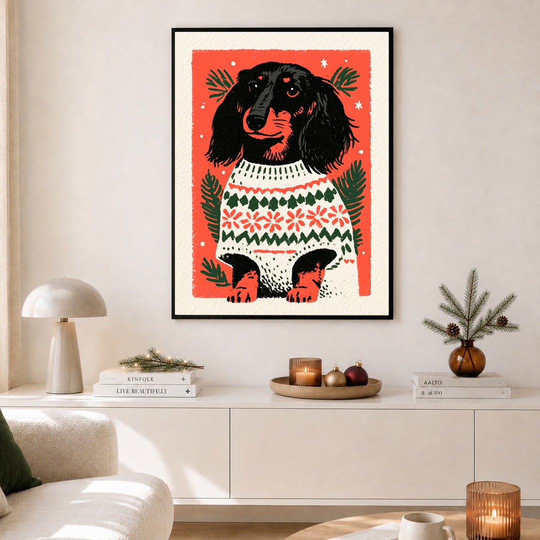 Dackel im Weihnachtspullover Poster – Schwarzer Rahmen – Produktfoto