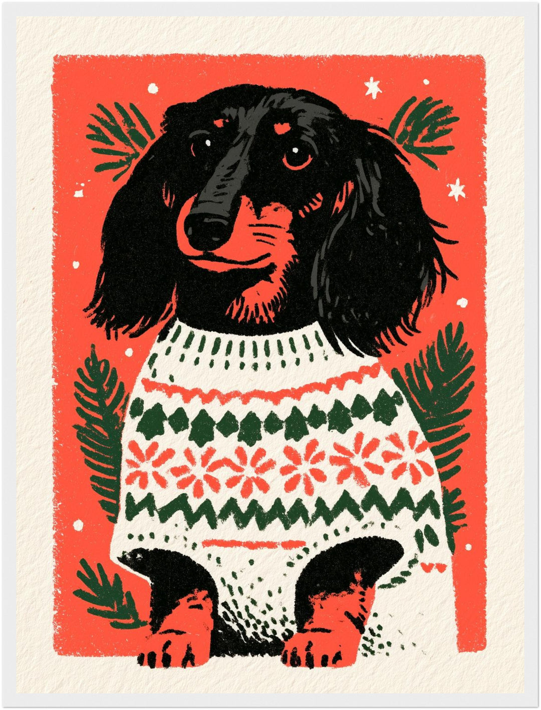 Dackel im Weihnachtspullover Poster – Weißer Rahmen – Produktfoto