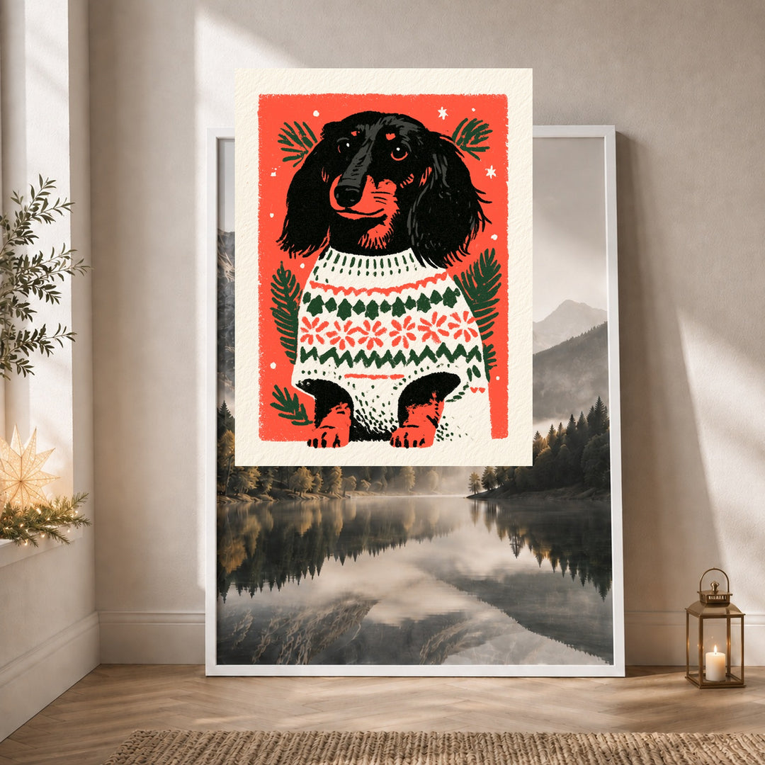 Dackel im Weihnachtspullover Poster – Weißer Rahmen – Produktfoto