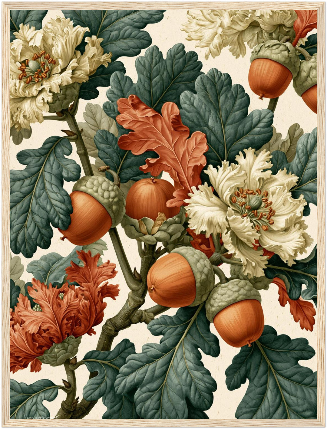 Eicheln und Blüten Retro Poster – Holz natur Rahmen – Produktfoto