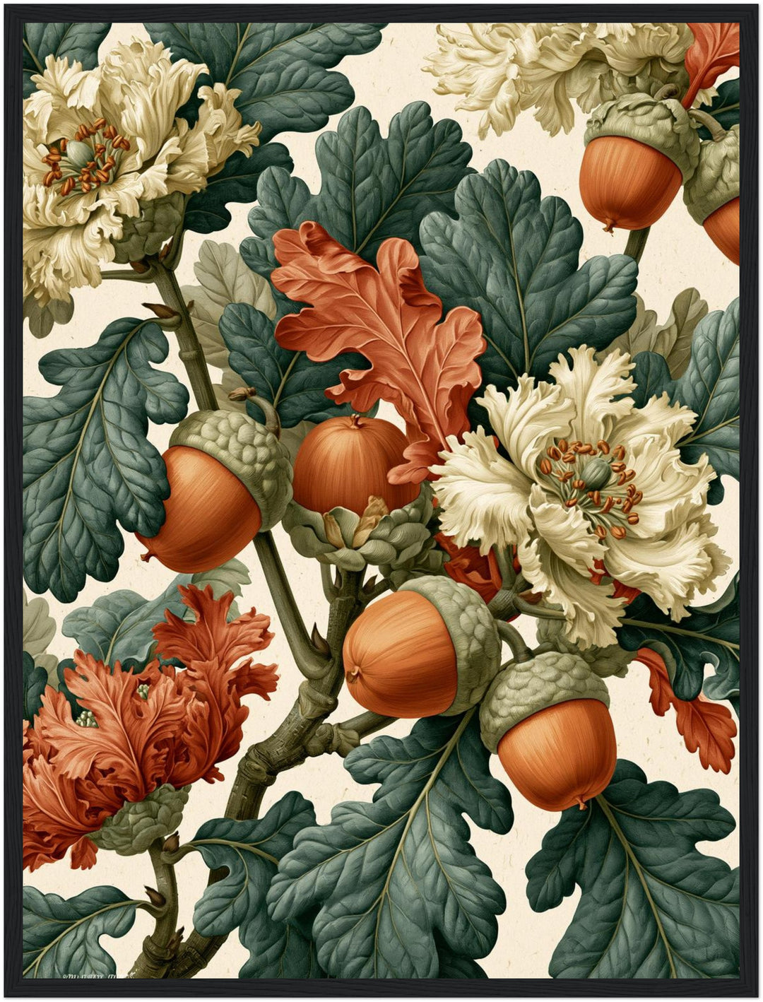 Eicheln und Blüten Retro Poster – Schwarzer Rahmen – Produktfoto