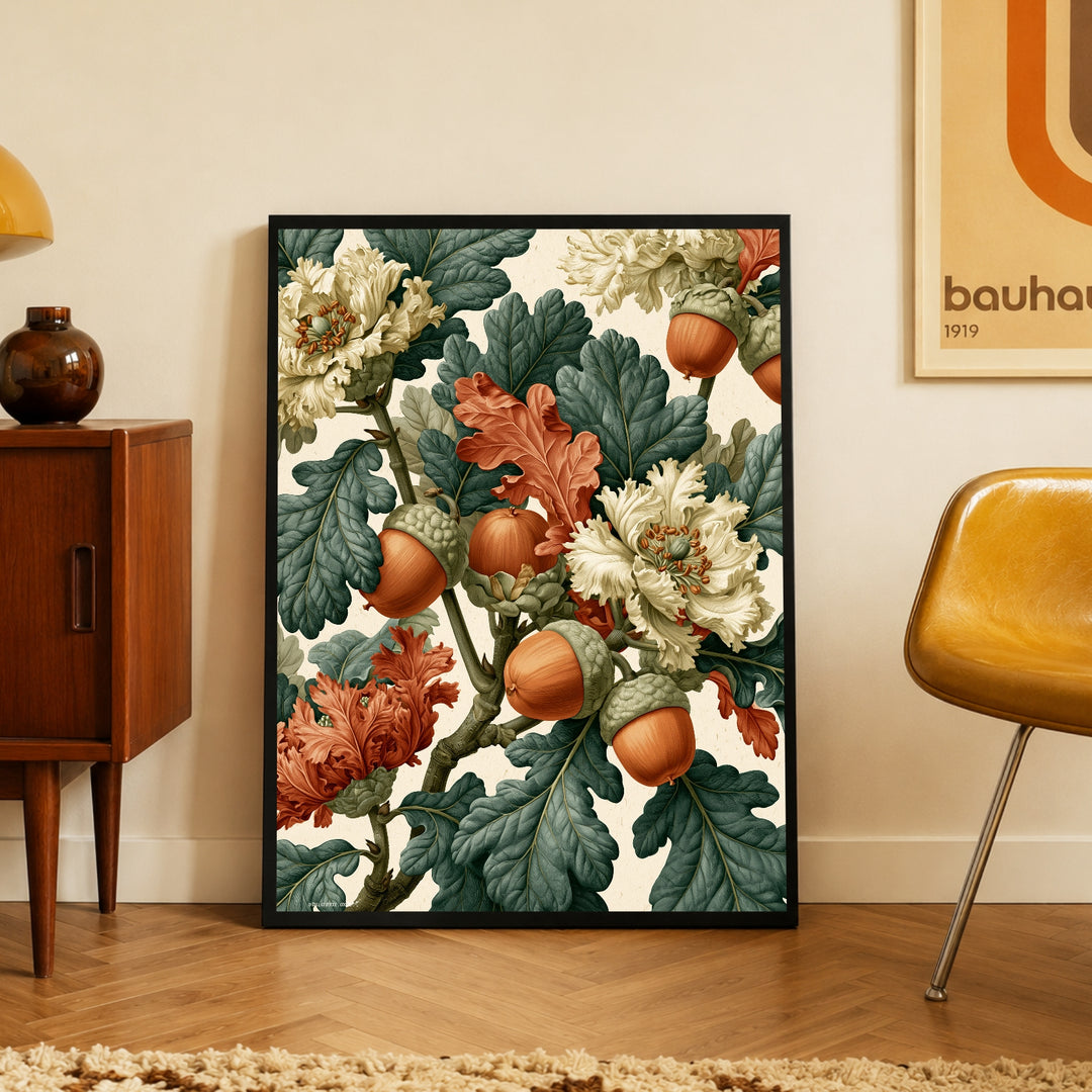 Eicheln und Blüten Retro Poster – Schwarzer Rahmen – Produktfoto