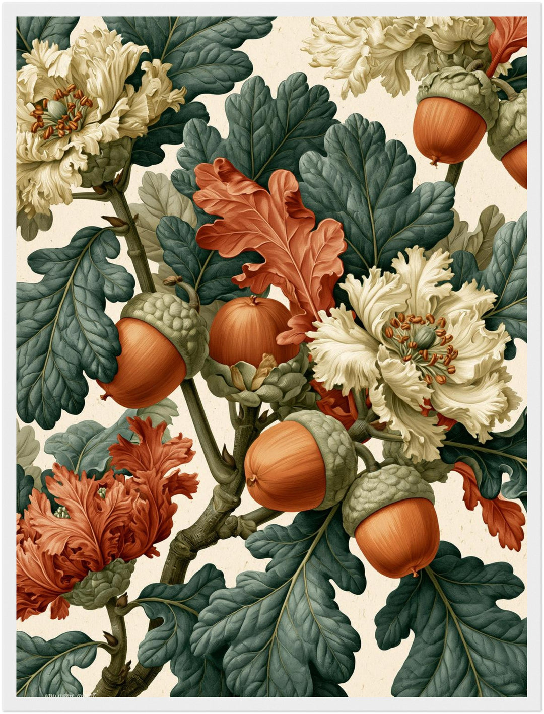 Eicheln und Blüten Retro Poster – Weißer Rahmen – Produktfoto
