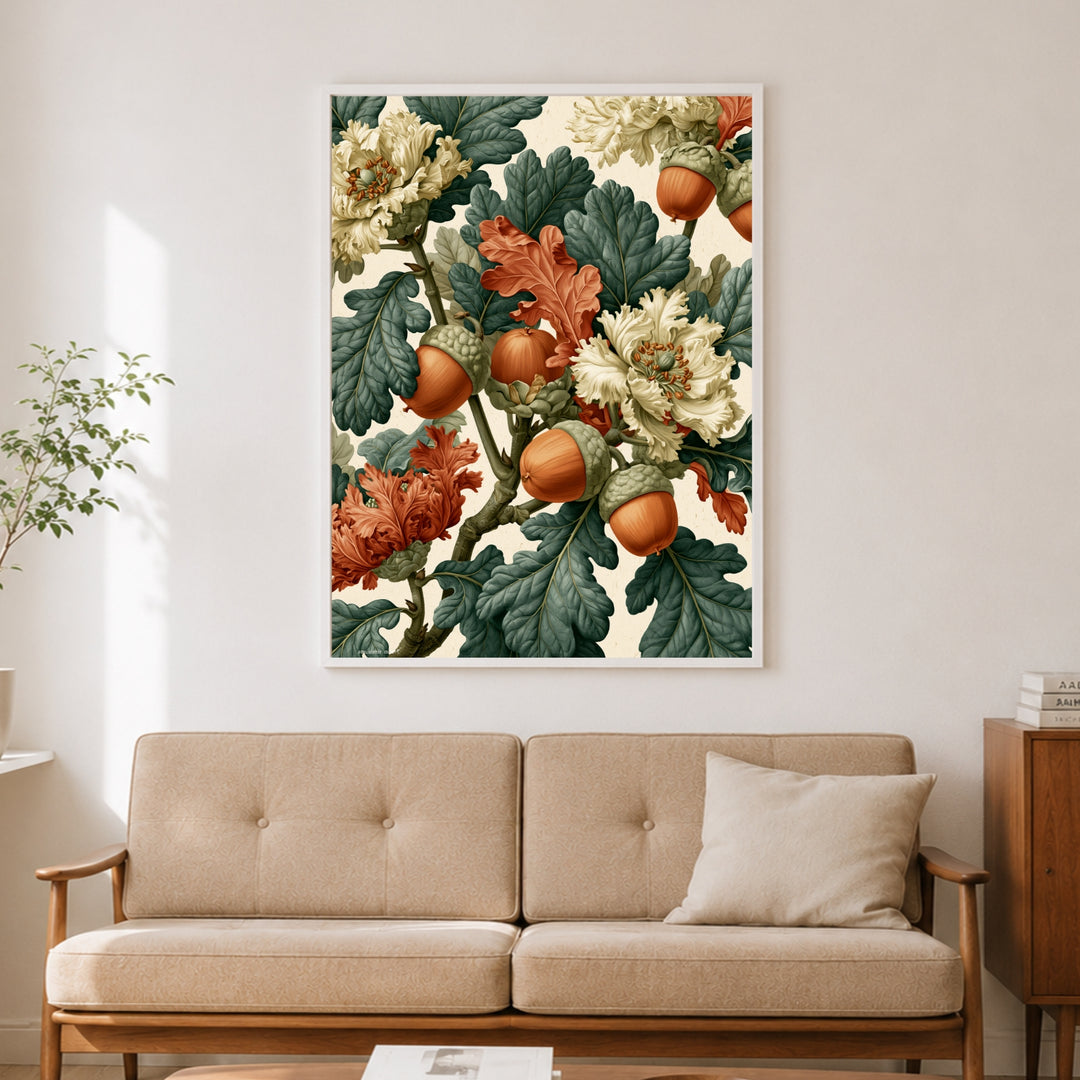 Eicheln und Blüten Retro Poster – Weißer Rahmen – Produktfoto