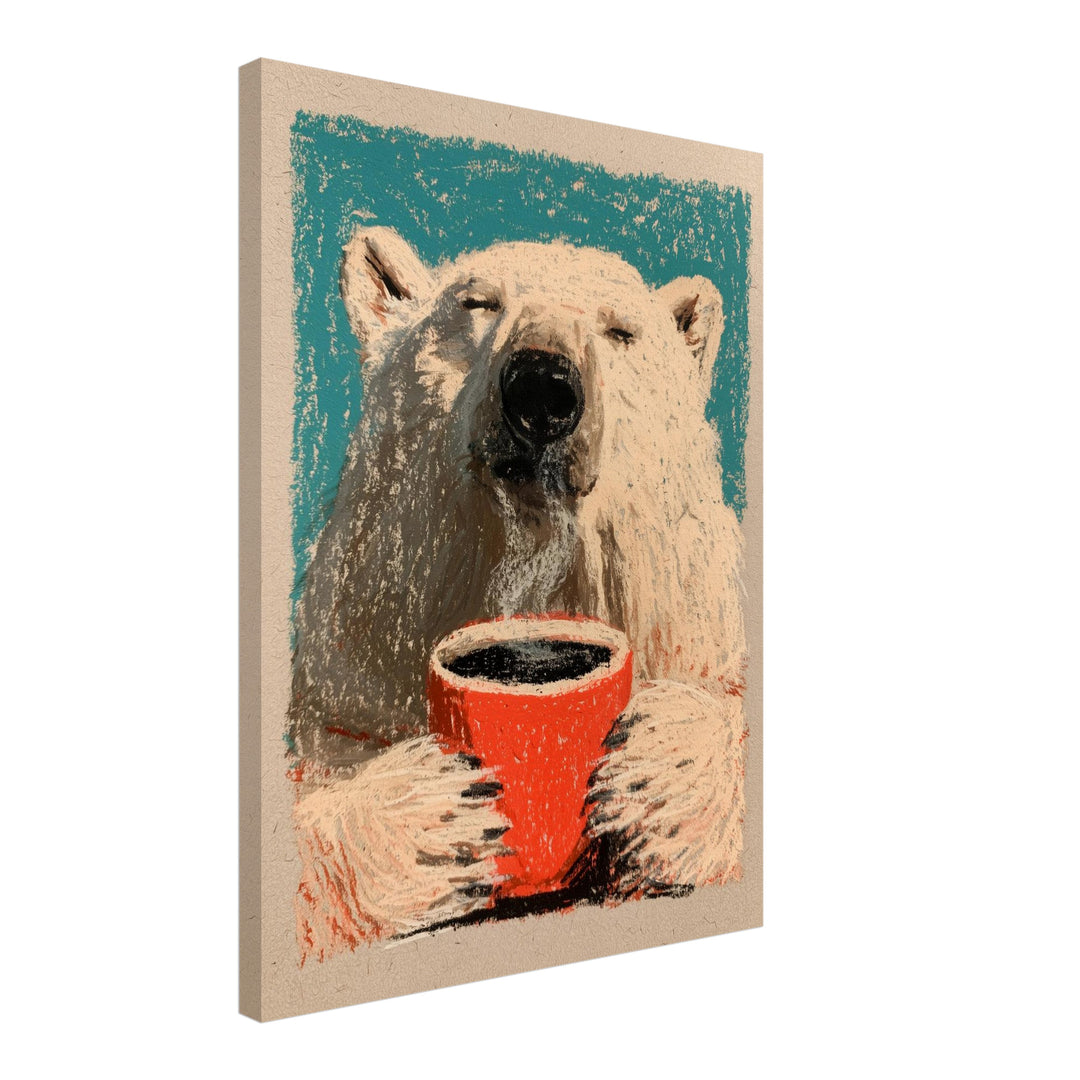Eisbär mit Kaffeetasse Leinwandbild – Schräge Ansicht – Produktfoto