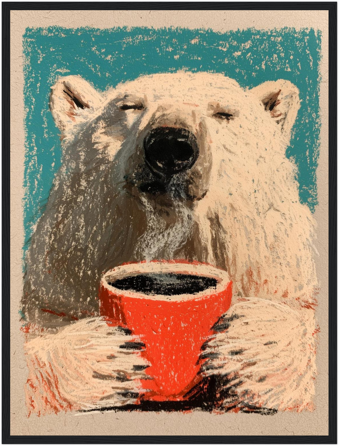 Eisbär mit Kaffeetasse Poster – Schwarzer Rahmen – Produktfoto