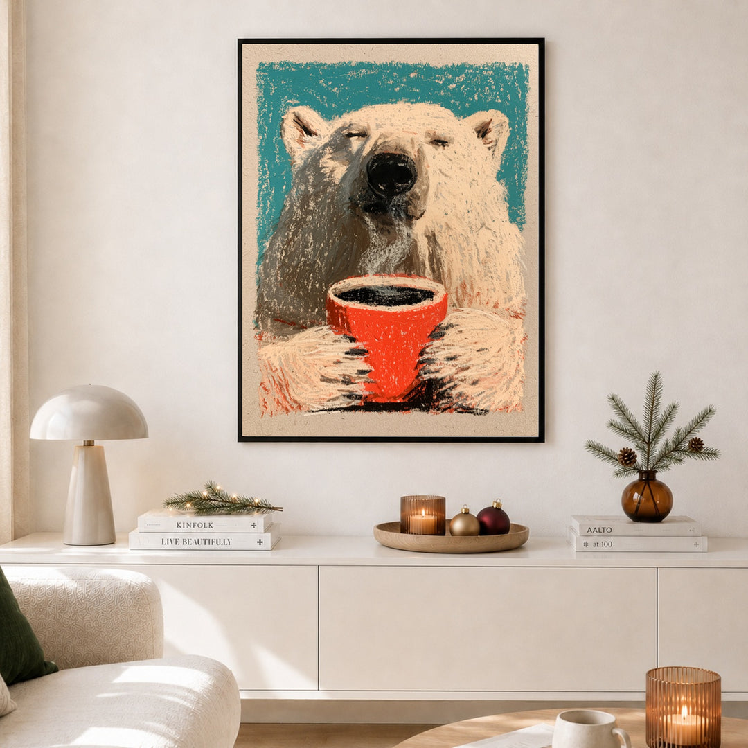 Eisbär mit Kaffeetasse Poster – Schwarzer Rahmen – Produktfoto