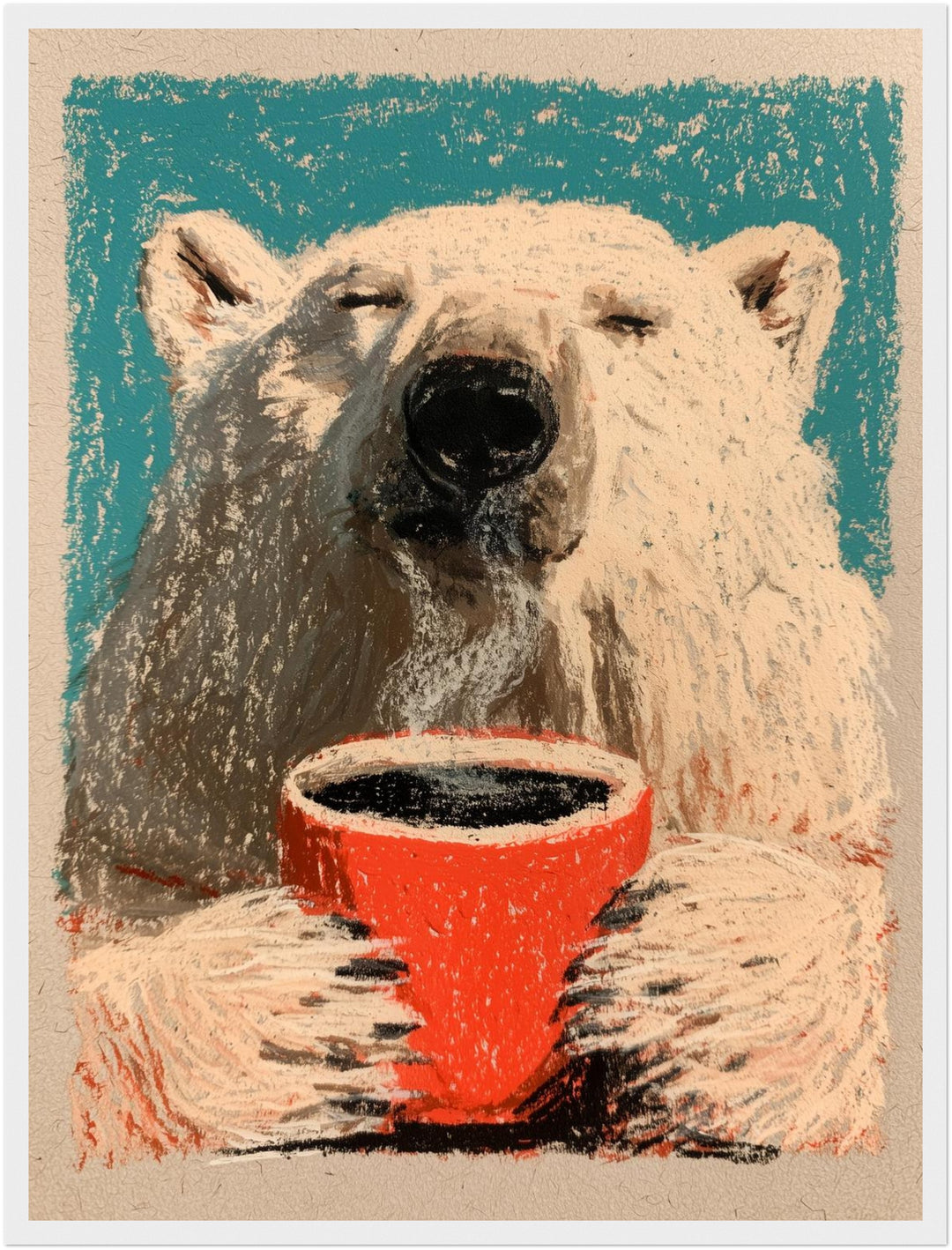 Eisbär mit Kaffeetasse Poster – Weißer Rahmen – Produktfoto