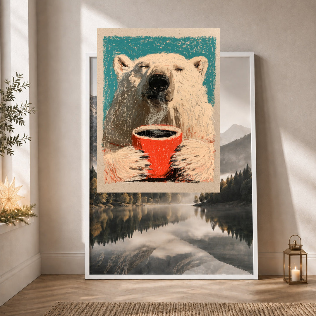 Eisbär mit Kaffeetasse Poster – Weißer Rahmen – Produktfoto