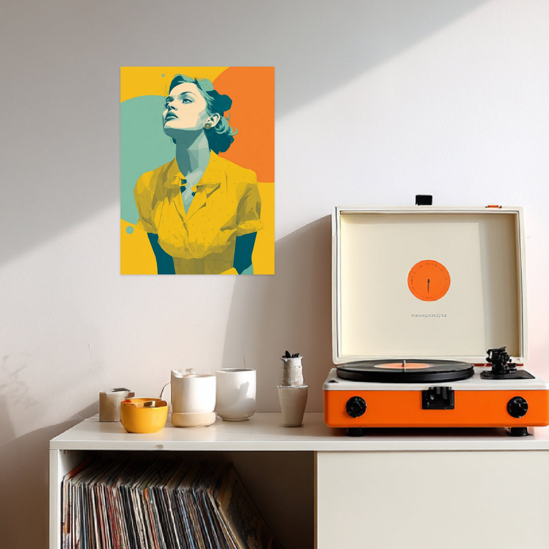 Frau mit gelbem Kleid Leinwandbild Retro – Leinwand auf Holzrahmen – Ansicht 3