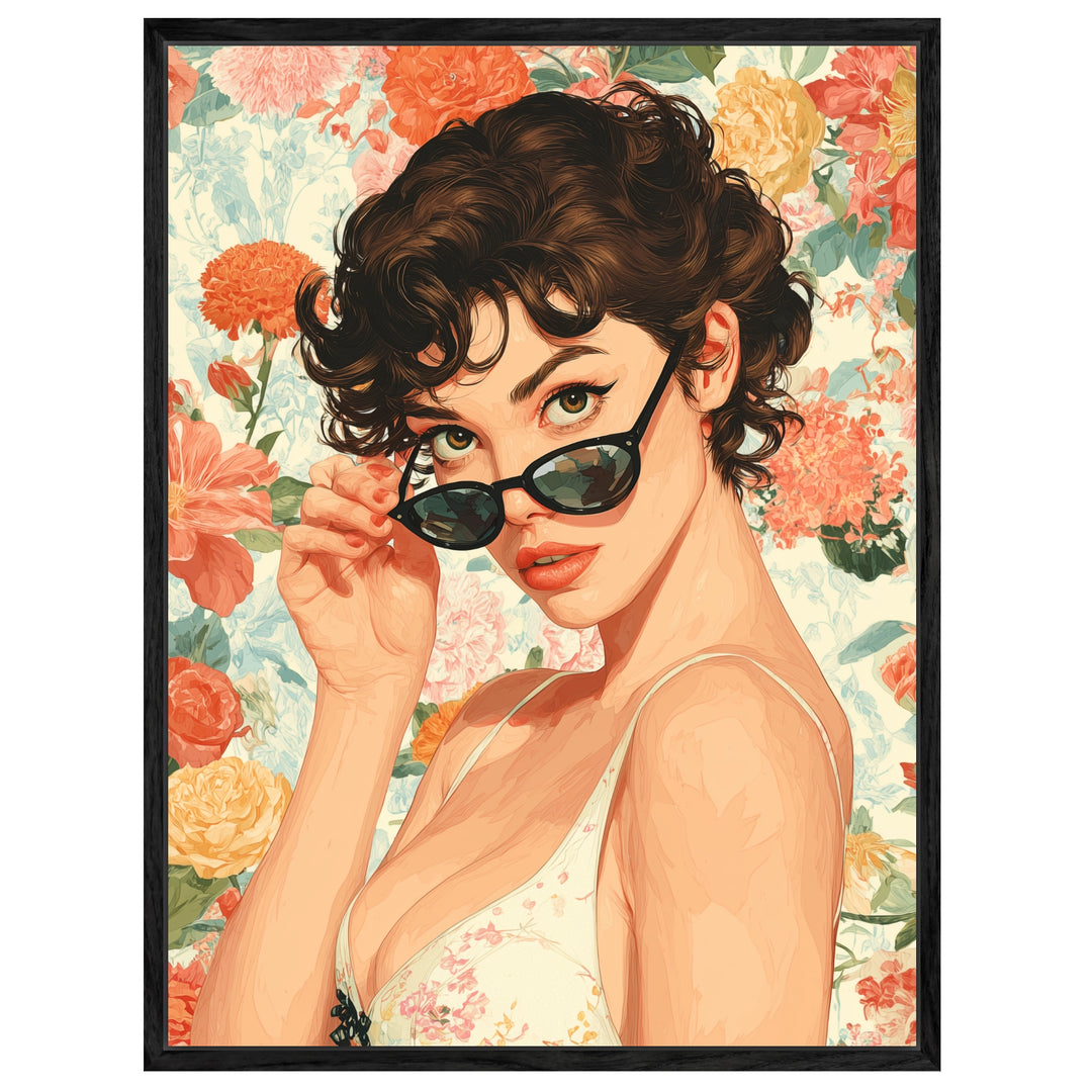 Frauenporträt mit Sonnenbrille Leinwandbild Retro – Leinwand auf Holzrahmen – Ansicht 4