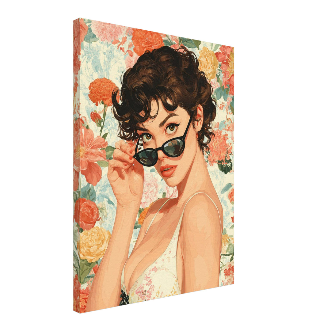 Frauenporträt mit Sonnenbrille Leinwandbild Retro – Leinwand auf Holzrahmen – Ansicht 2