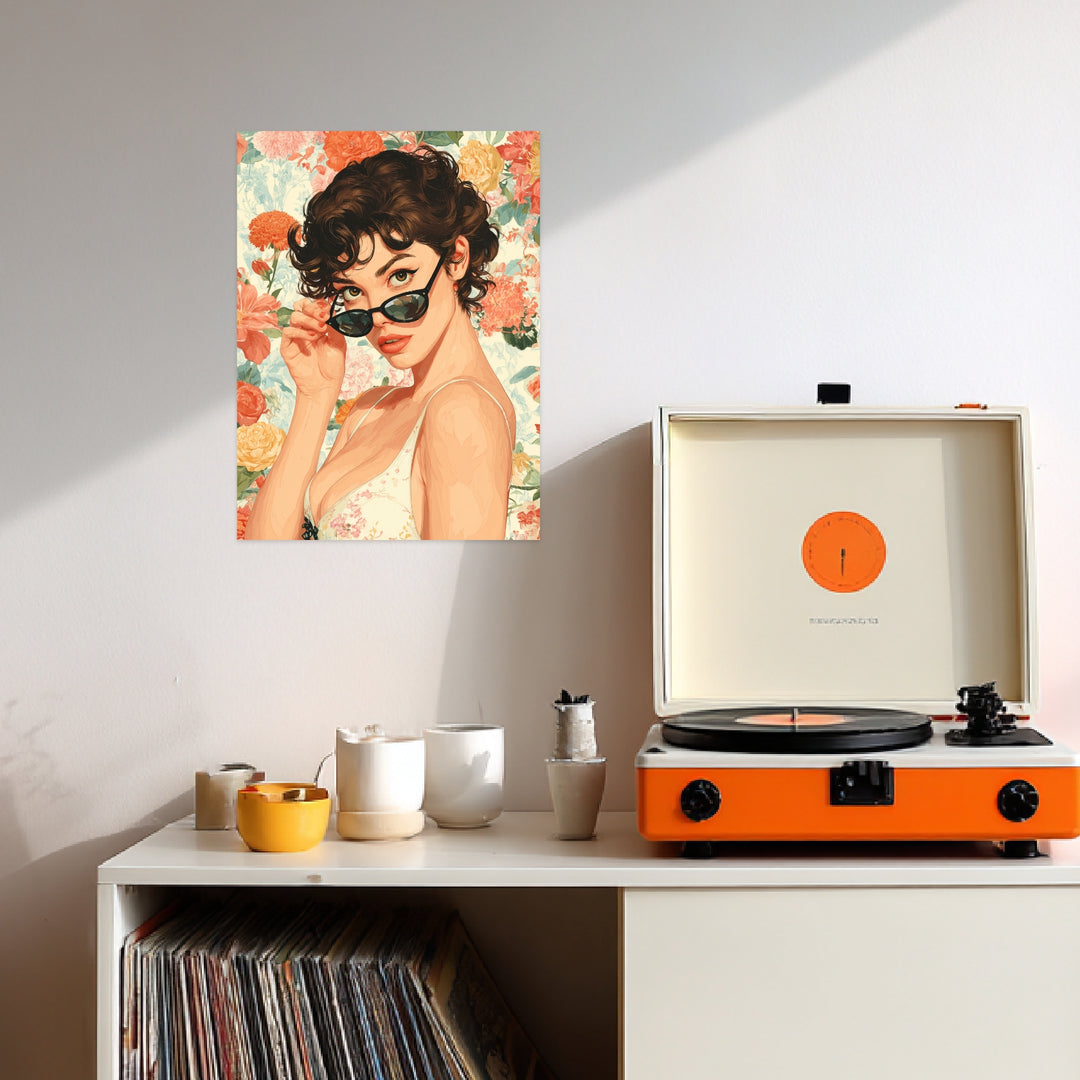Frauenporträt mit Sonnenbrille Leinwandbild Retro – Leinwand auf Holzrahmen – Ansicht 3