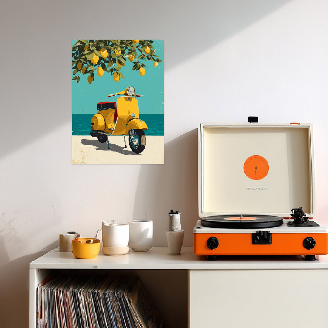 Gelber Roller am Meer Leinwandbild Retro – Leinwand auf Holzrahmen – Ansicht 2