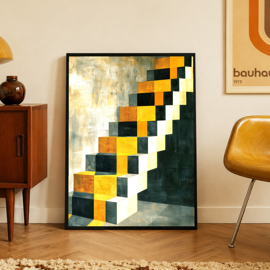 Goldene Treppe Retro Poster – Schwarzer Rahmen – Produktfoto