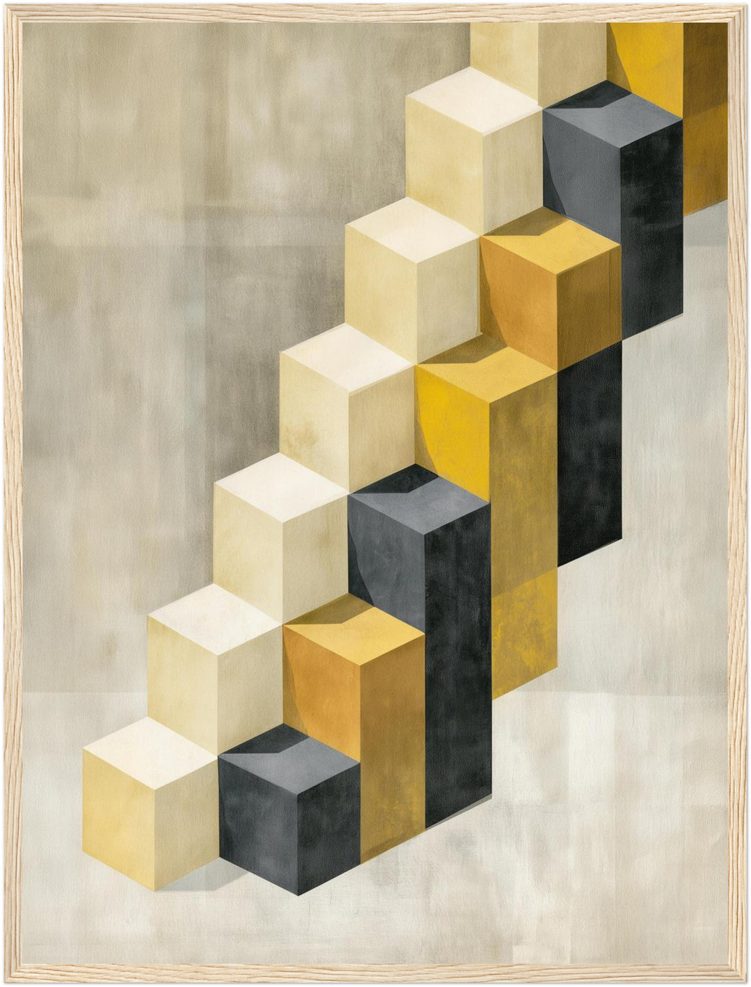 Goldene Würfeltreppe Retro Poster – Holz natur Rahmen – Produktfoto