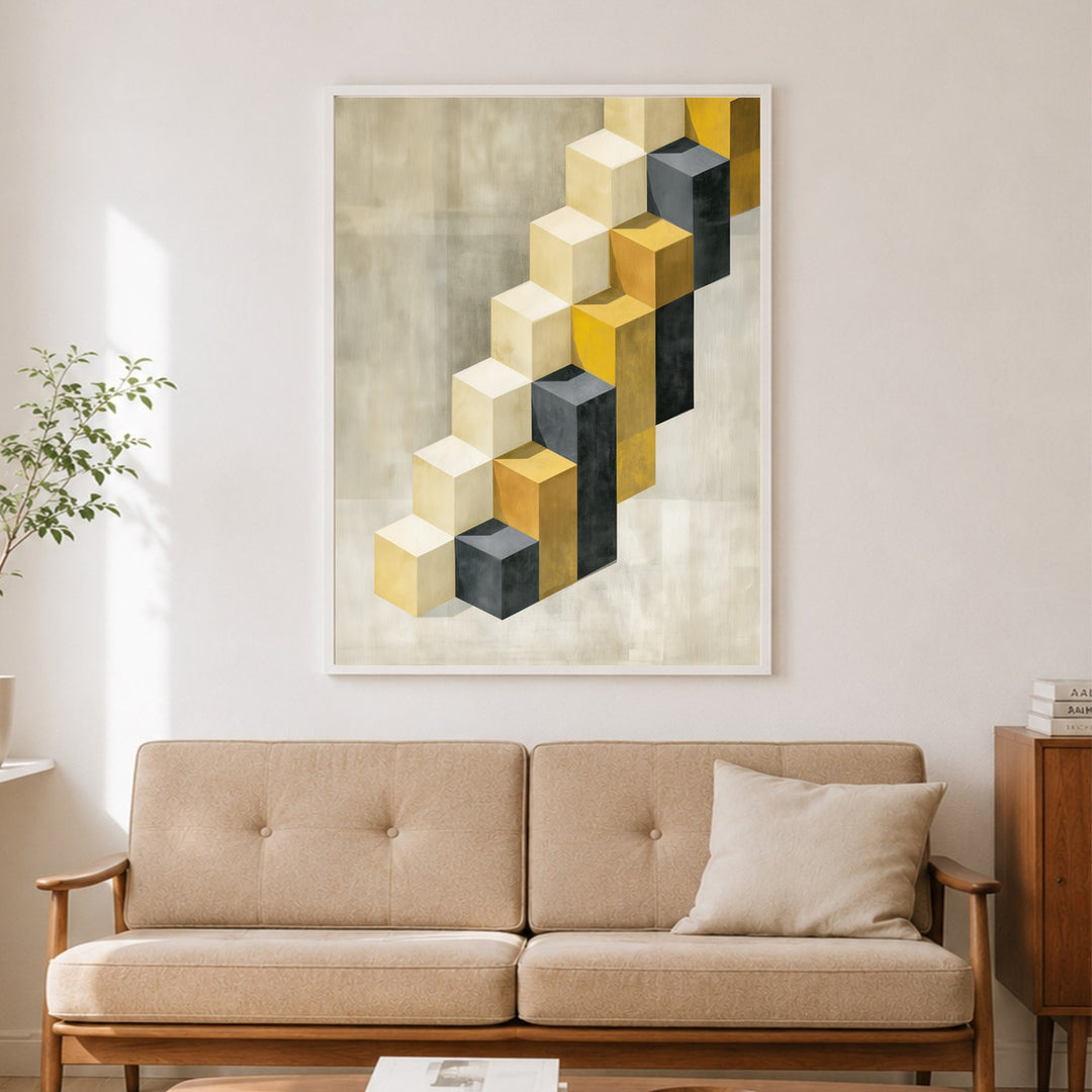 Goldene Würfeltreppe Retro Poster – Weißer Rahmen – Produktfoto